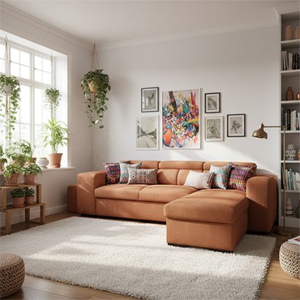 SIRIUS.M Canapé d’angle convertible – 4 places – Tissu Lincoln – Velours côtelé Terracotta