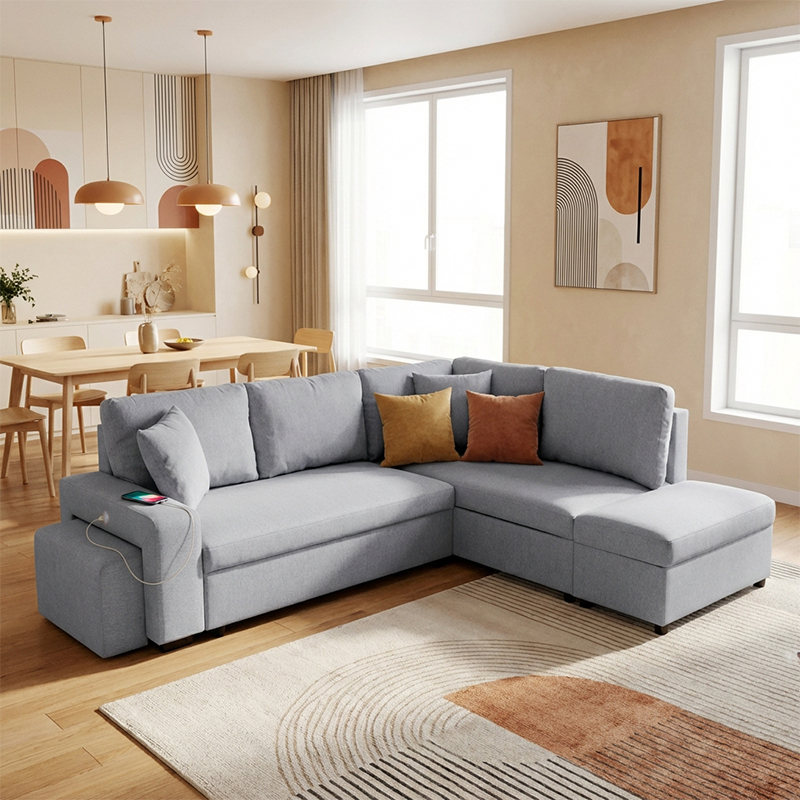 VEGA.L Lincoln Canapé d’angle convertible Gris é) 5 places – Tissu texturé Gris