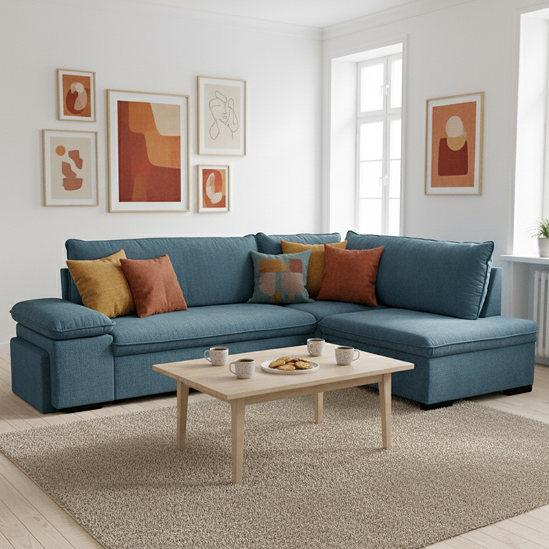 ALYA.L Lincoln Canapé d’angle convertible 5 places – Tissu lisse Ocean