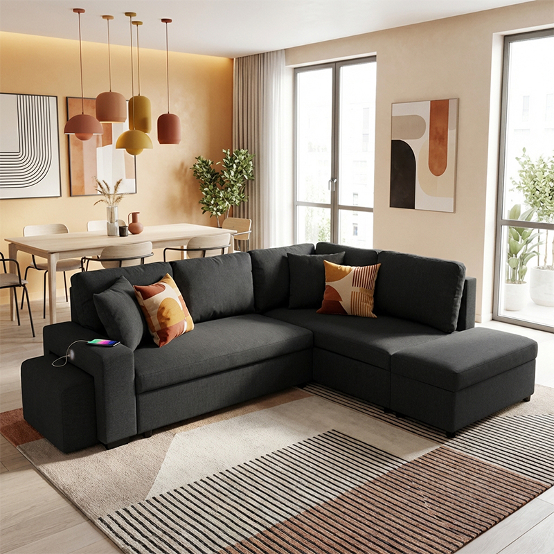VEGA.L Lincoln Canapé d’angle convertible Gris é) 5 places – Tissu texturé Charbon