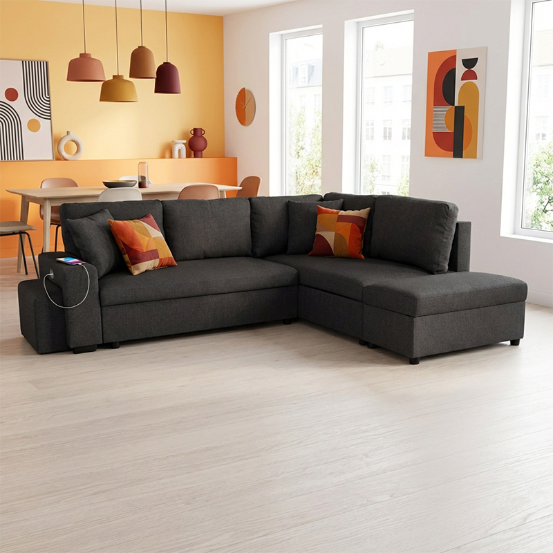 VEGA.L Lincoln Canapé d’angle convertible Gris é) 5 places – Tissu texturé Anthracite
