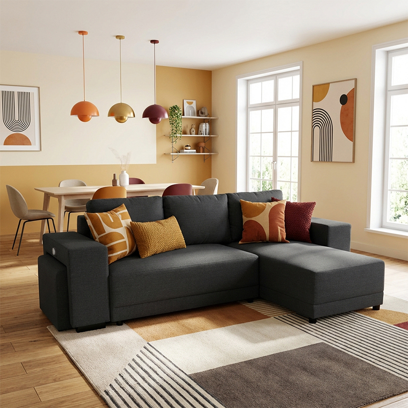 VEGA.M Lincoln Canapé d’angle convertible 4 places – Tissu texturé Charbon