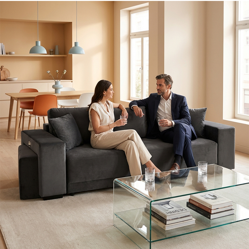 VEGA.S Lincoln Canapé droit convertible 3 places – Velours simple Gris