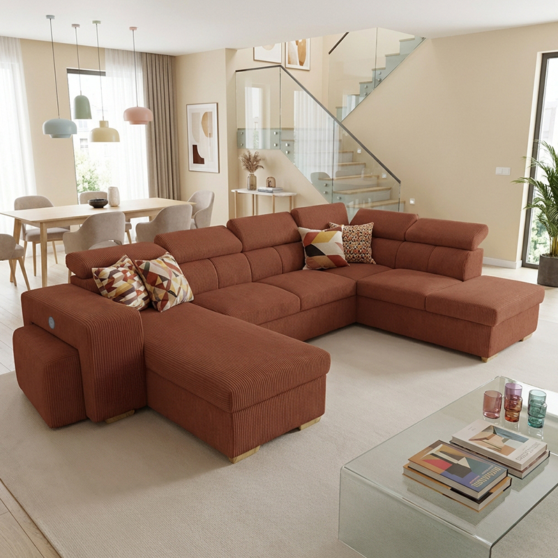 SIRIUS.XL Lincoln Canapé en U convertible 6 places – Velours côtelé Terracotta
