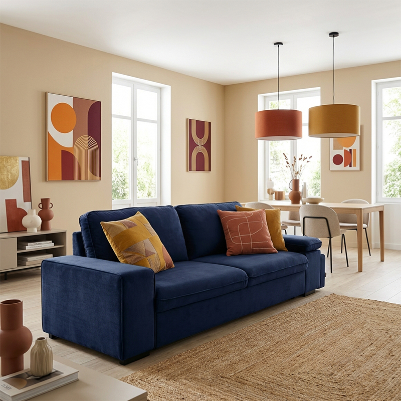 ALYA.S Lincoln Canapé droit convertible 3 places – Velours simple Marine