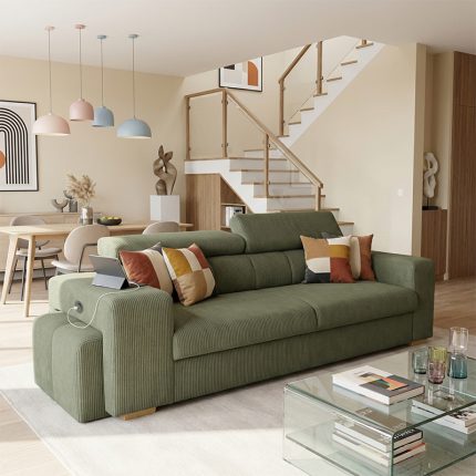 SIRIUS.S Lincoln Canapé droit convertible 3 places – Velours côtelé Kaki