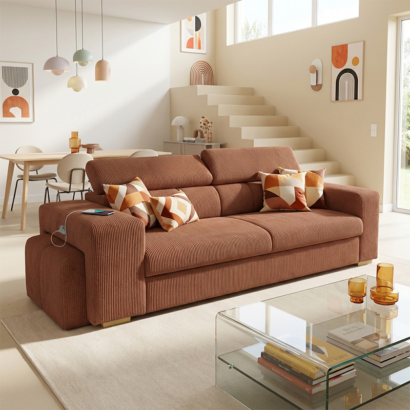 SIRIUS.S Lincoln Canapé droit convertible 3 places – Velours côtelé Terracotta