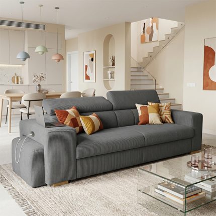 SIRIUS.S Lincoln Canapé droit convertible 3 places – Velours côtelé Anthracite