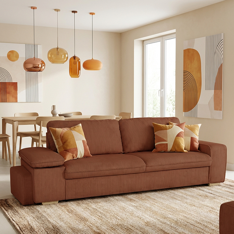 ALYA.S Lincoln Canapé droit convertible 3 places – Velours côtelé Terracotta