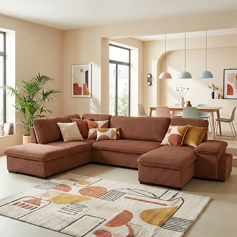 ALYA.XL Lincoln Canapé en U convertible 6 places – Velours côtelé Terracotta