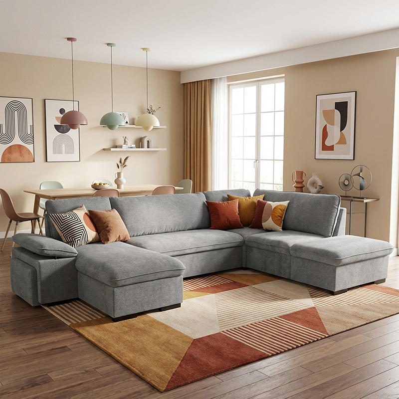 ALYA.XL Lincoln Canapé en U convertible 6 places – Tissu lisse Ash (gris)