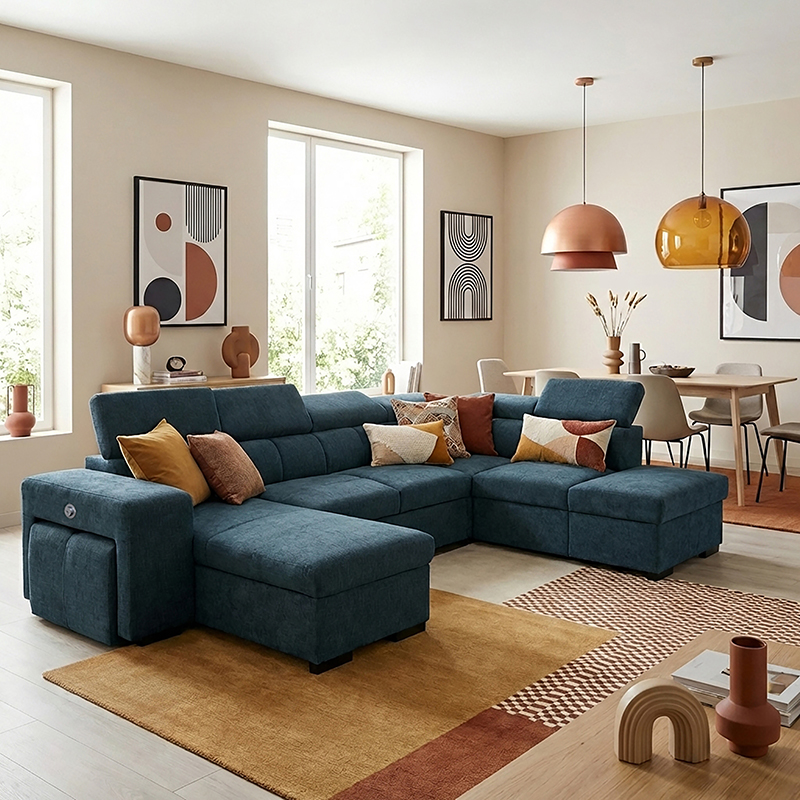 SIRIUS.XL Lincoln Canapé en U convertible 6 places – Tissu lisse Ocean