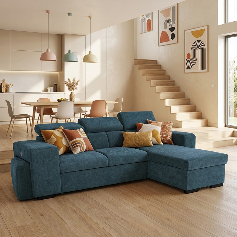 SIRIUS.M Lincoln Canapé d’angle convertible 4 places – Tissu lisse Ocean