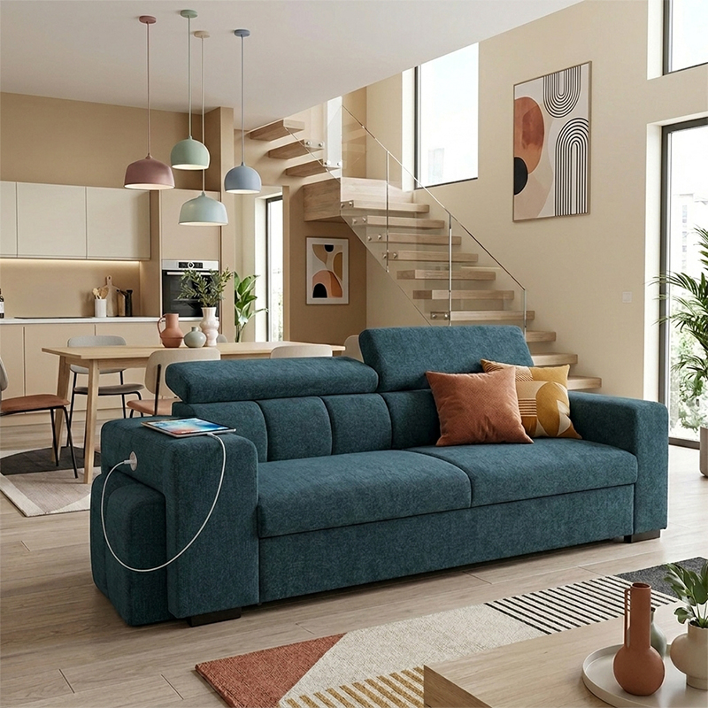 SIRIUS.S Lincoln Canapé droit convertible 3 places – Tissu lisse Ocean