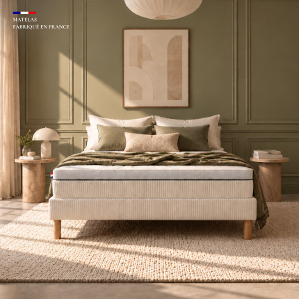 LOUNA Matelas hybride 26 cm – 160×200 cm – Confort équilibré – Velours côtelé Crème – Velours côtelé Perle