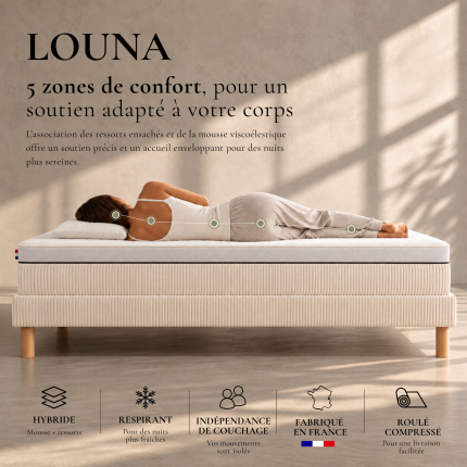 LOUNA Matelas hybride 26 cm – 160×200 cm – Confort équilibré – Velours côtelé Crème – Velours côtelé Perle