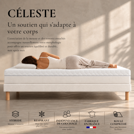 CÉLESTE Matelas hybride 23 cm – 180×200 cm – Confort équilibré – Tissu bouclette Crème – Alice Perle